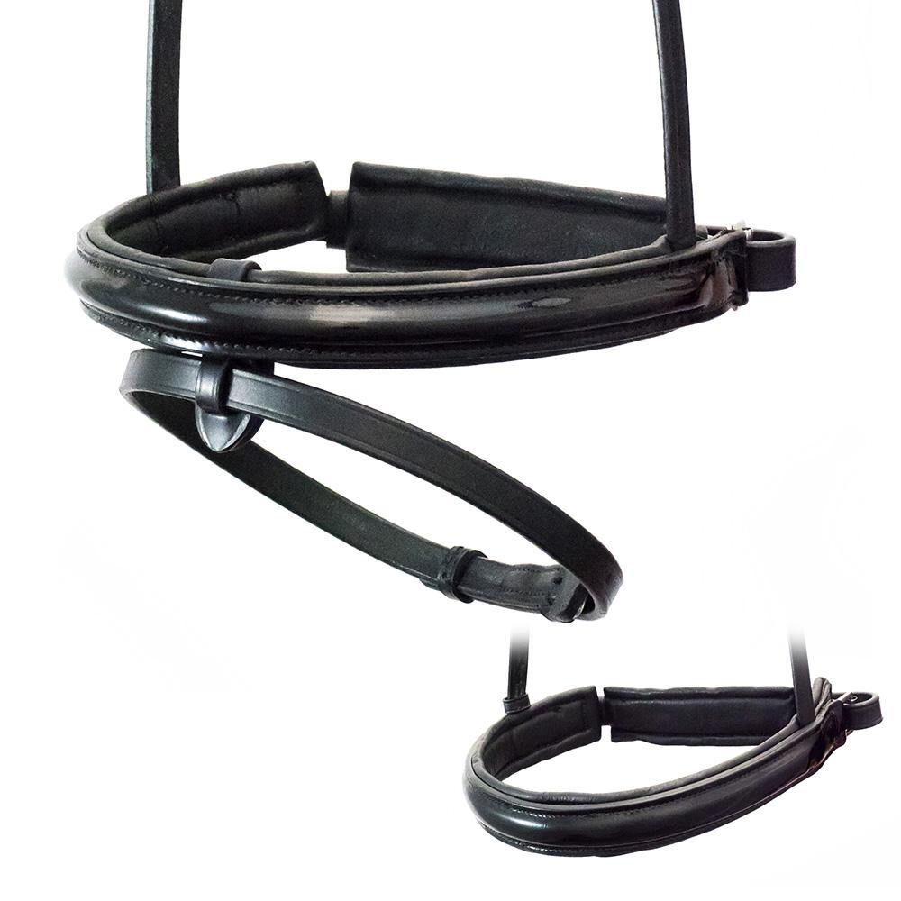 Black patent horse noseband featured for Black Snaffle bridle Vogue