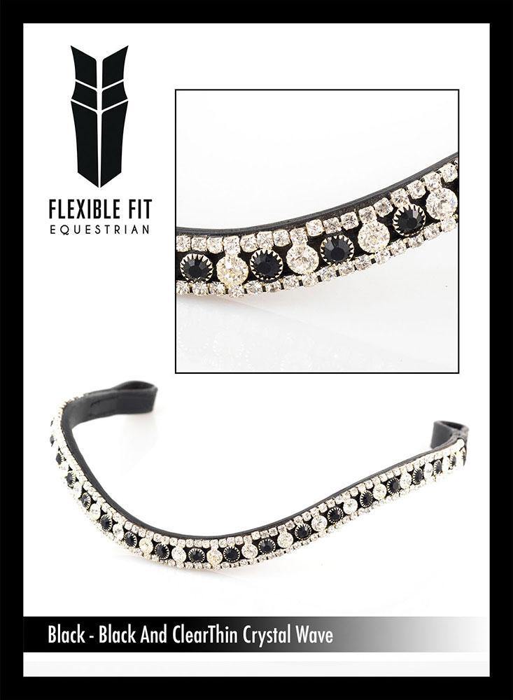 BLACK AND CLEAR THIN CRYSTAL WAVE - BLACK BROWBAND - Flexible Fit Equestrian Australia