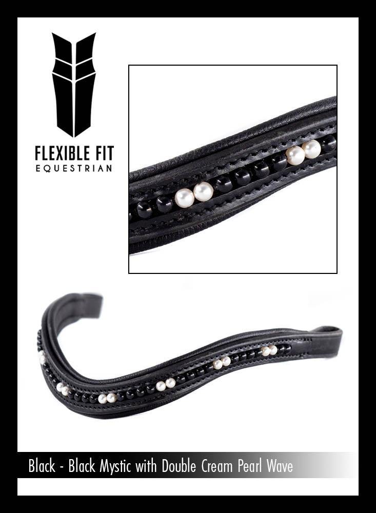 BLACK MYSTIC WITH DOUBLE CREAM PEARL WAVE - BLACK BROWBAND - Flexible Fit Equestrian Australia