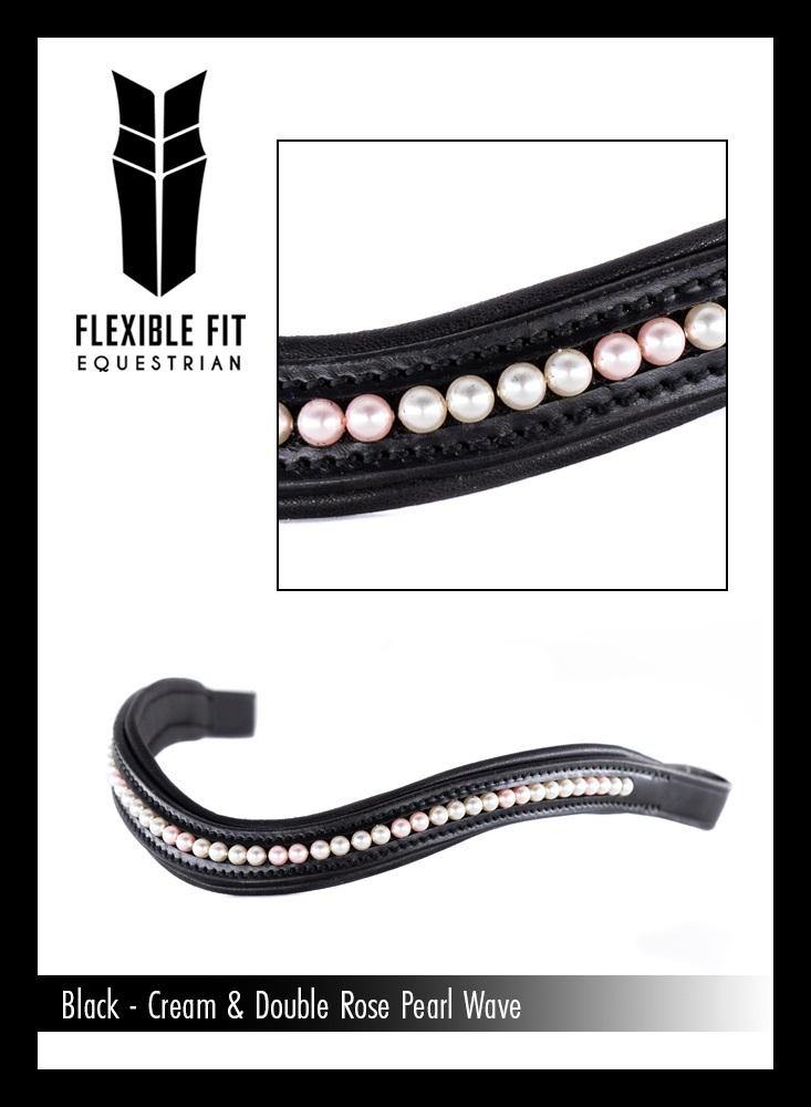 CREAM AND DOUBLE ROSE PEARL WAVE - BLACK BROWBAND - Flexible Fit Equestrian Australia