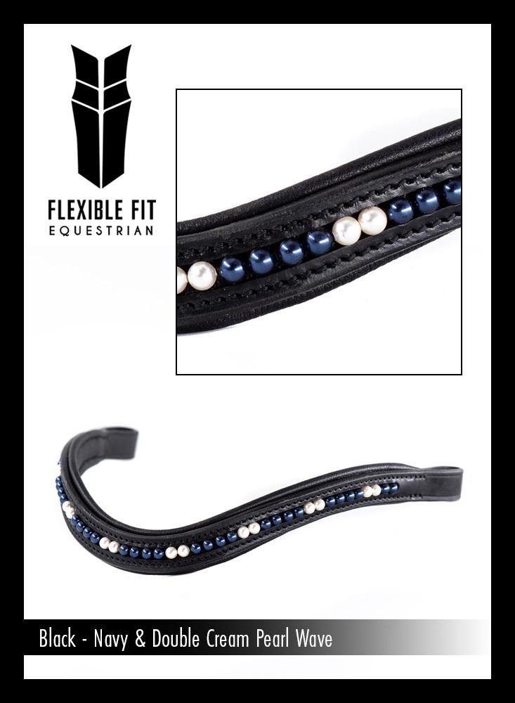 NAVY AND DOUBLE CREAM PEARL WAVE - BLACK BROWBAND - Flexible Fit Equestrian Australia