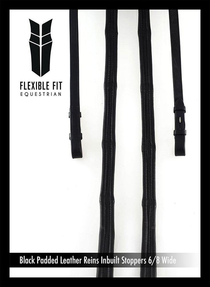 PADDED LEATHER 6/8 BILLETS BLACK REINS - Flexible Fit Equestrian Australia