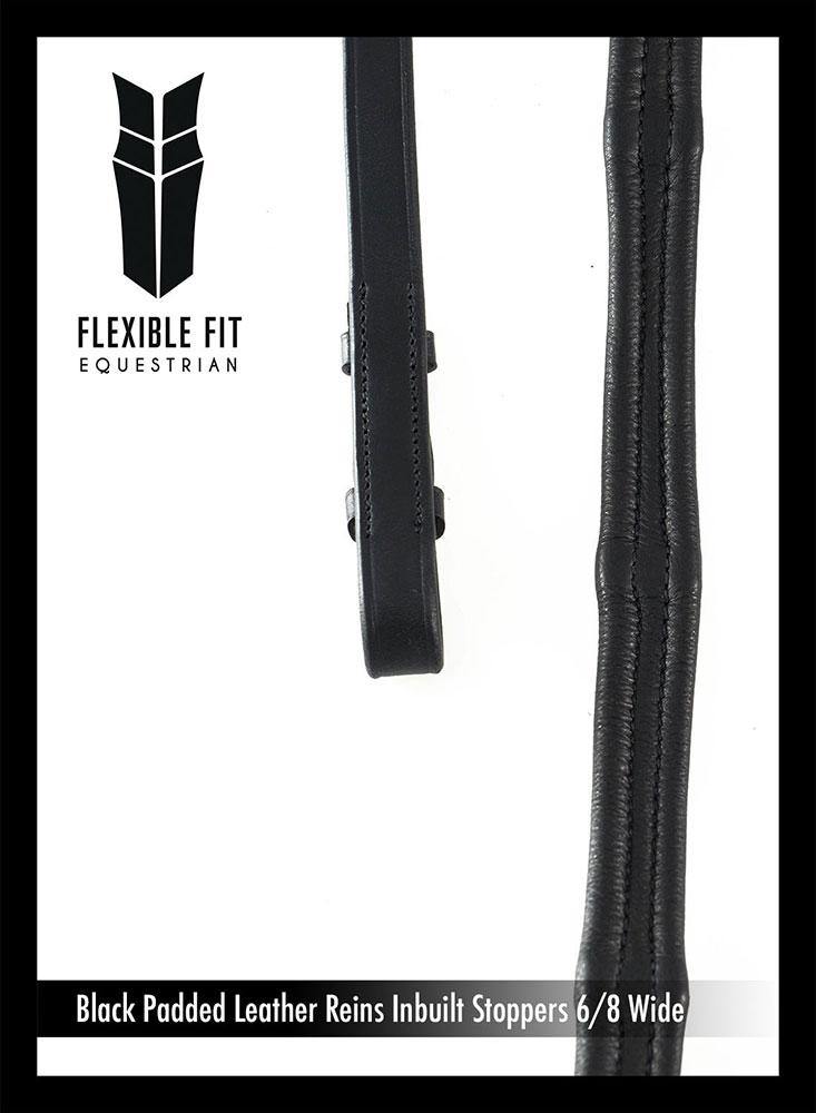 PADDED LEATHER 6/8 BILLETS BLACK REINS - Flexible Fit Equestrian Australia