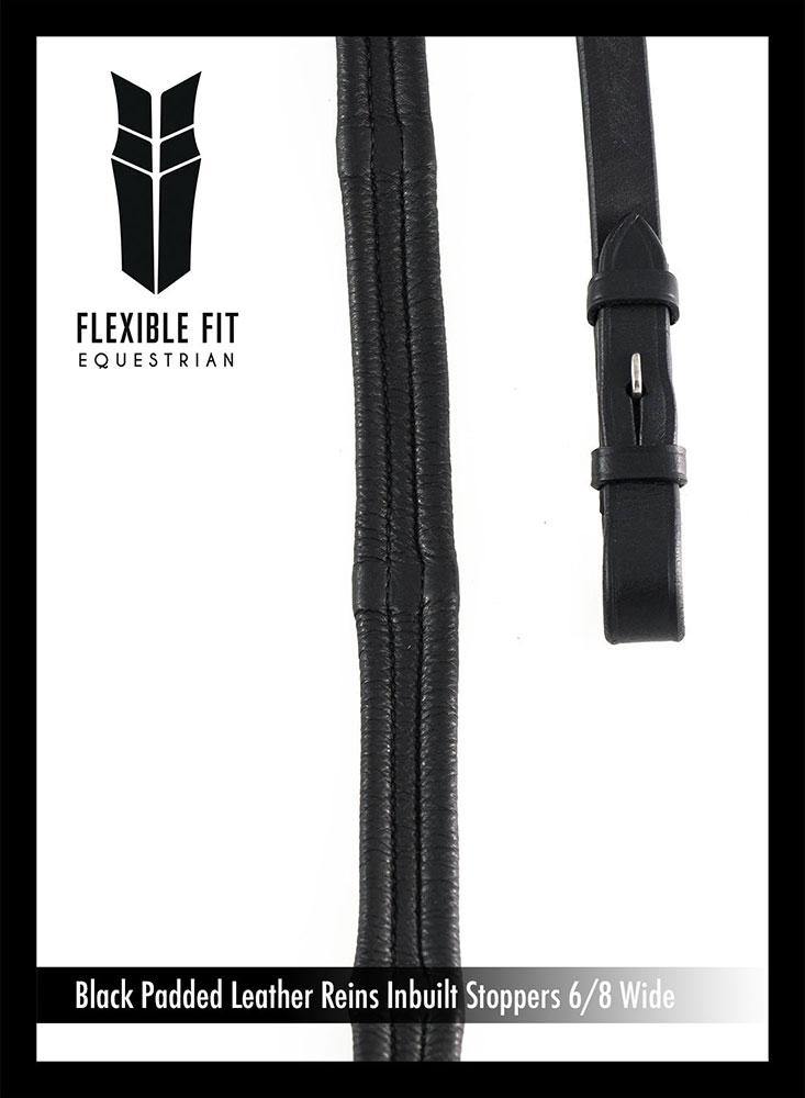 PADDED LEATHER 6/8 BILLETS BLACK REINS - Flexible Fit Equestrian Australia