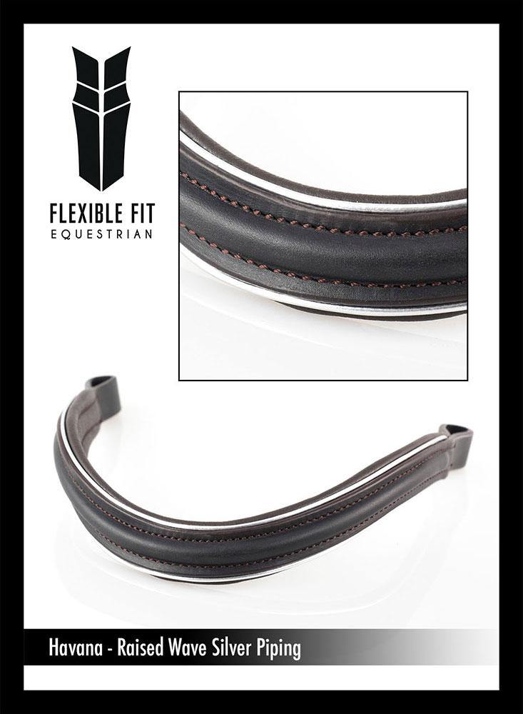 PLAIN RAISED WAVE SILVER PIPE - HAVANA BROWBAND - Flexible Fit Equestrian Australia