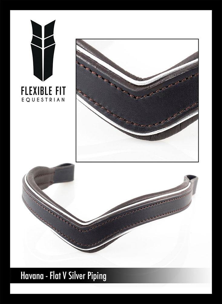 PLAIN V SILVER PIPE FLAT - HAVANA BROWBAND - Flexible Fit Equestrian Australia