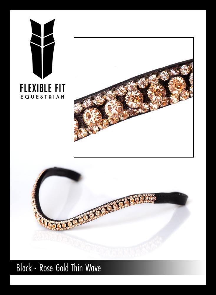 ROSE GOLD THIN CRYSTAL WAVE - BLACK BROWBAND - Flexible Fit Equestrian Australia