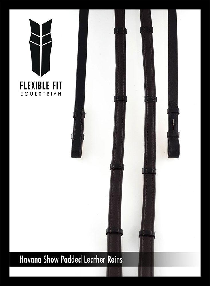 Show Padded Leather with Continental Stoppers Havana Reins - Flexible Fit Equestrian Australia