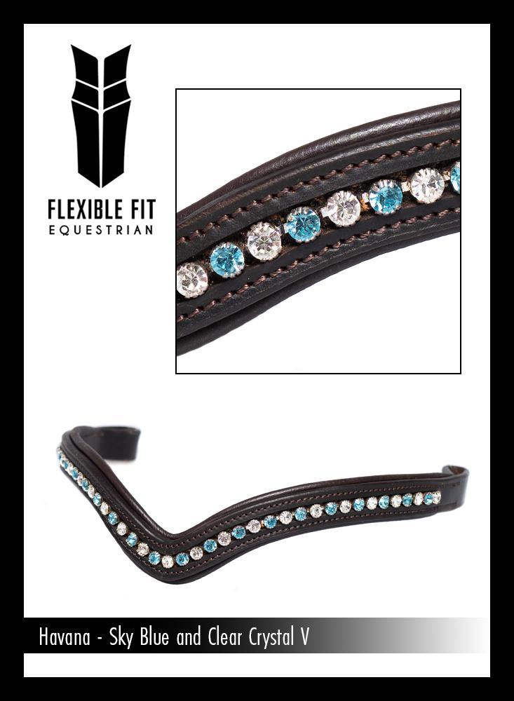 SKY BLUE AND CLEAR V MID THIN - HAVANA BROWBAND - Flexible Fit Equestrian Australia