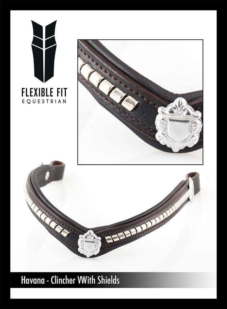 S/S CLINCHER V WITH SHIELDS - HAVANA BROWBAND - Flexible Fit Equestrian Australia