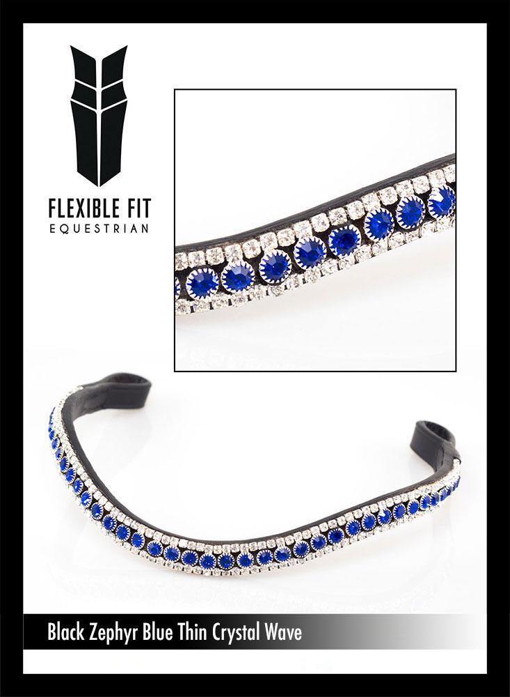 ZEPHYR BLUE THIN CRYSTAL WAVE - BLACK BROWBAND - Flexible Fit Equestrian Australia